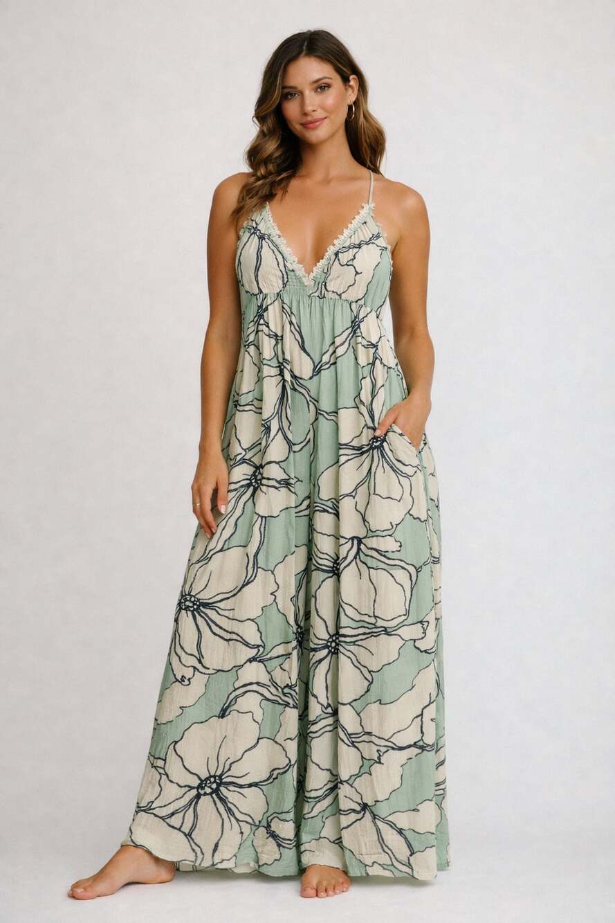 Free People Hibiscus Print Maxi Jumpsuit Dress Size S Mint Green Cream Boho